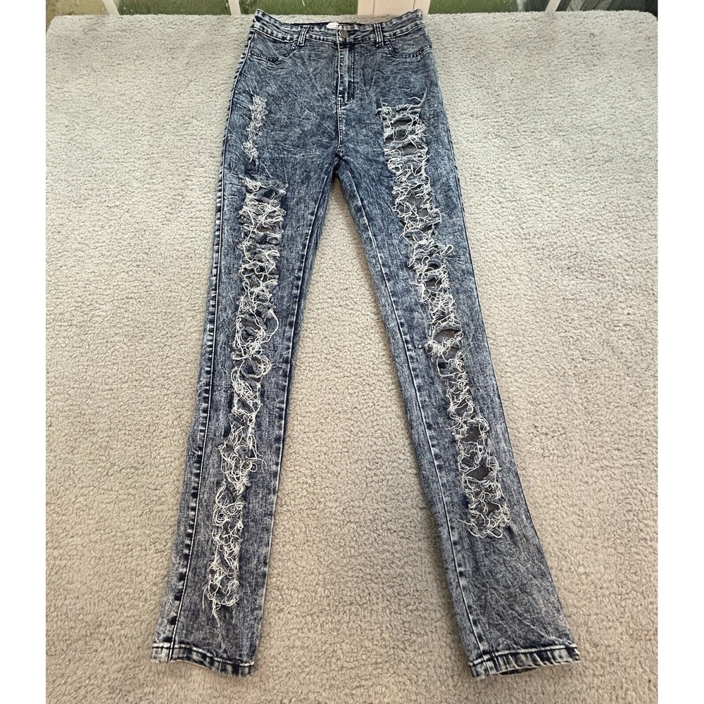 Universal Fashion Jeans Women's11 Blue High Waist Distressed Skinny Straight Leg - Picture 1 of 16